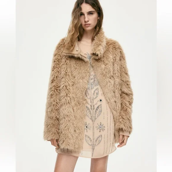 Stand-Up Collar Faux Fur Coat, H&M, Dark Beige, M - Picture 6 of 12